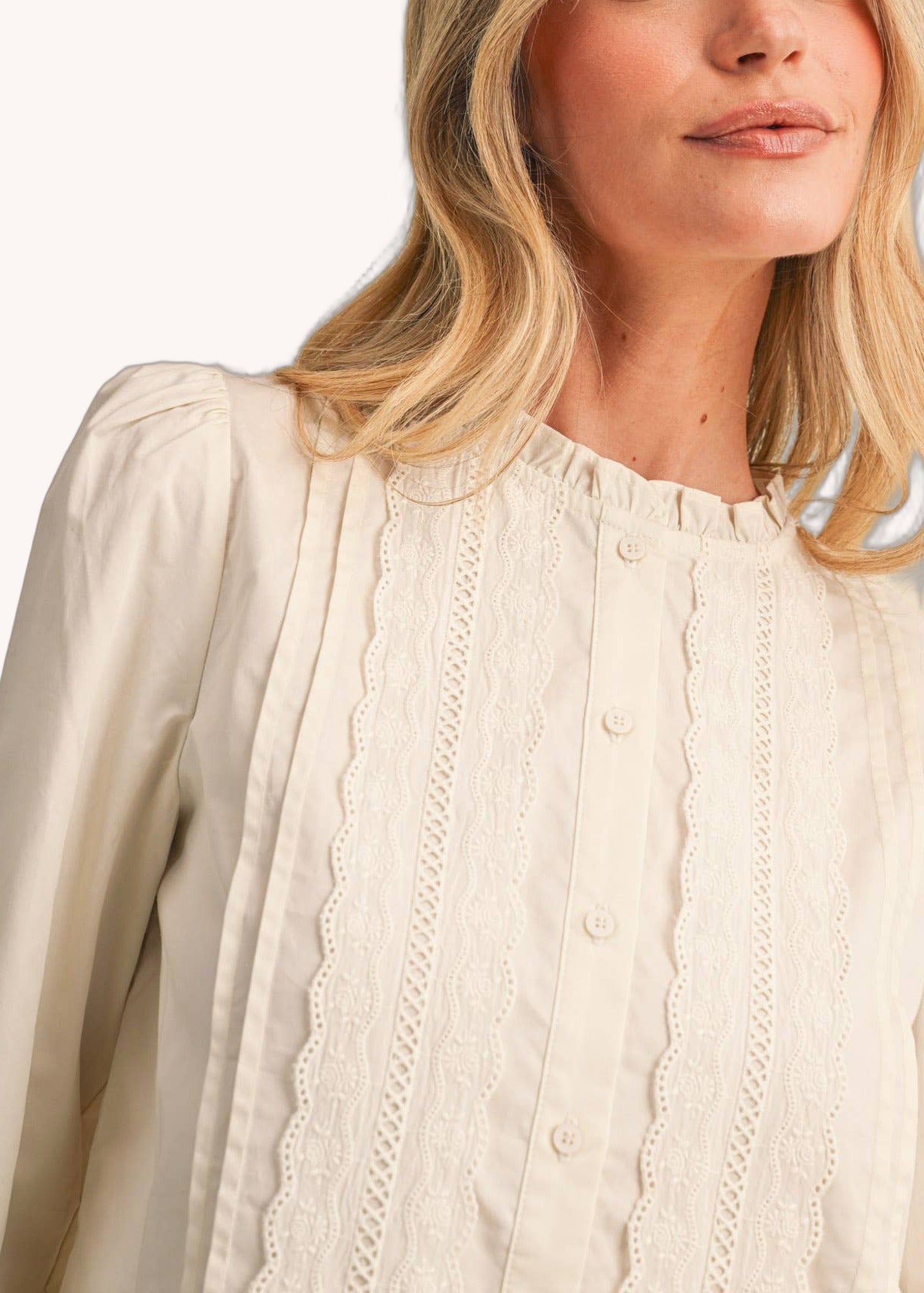 Pin Tuck Lace Trim Button Down Top in Off White