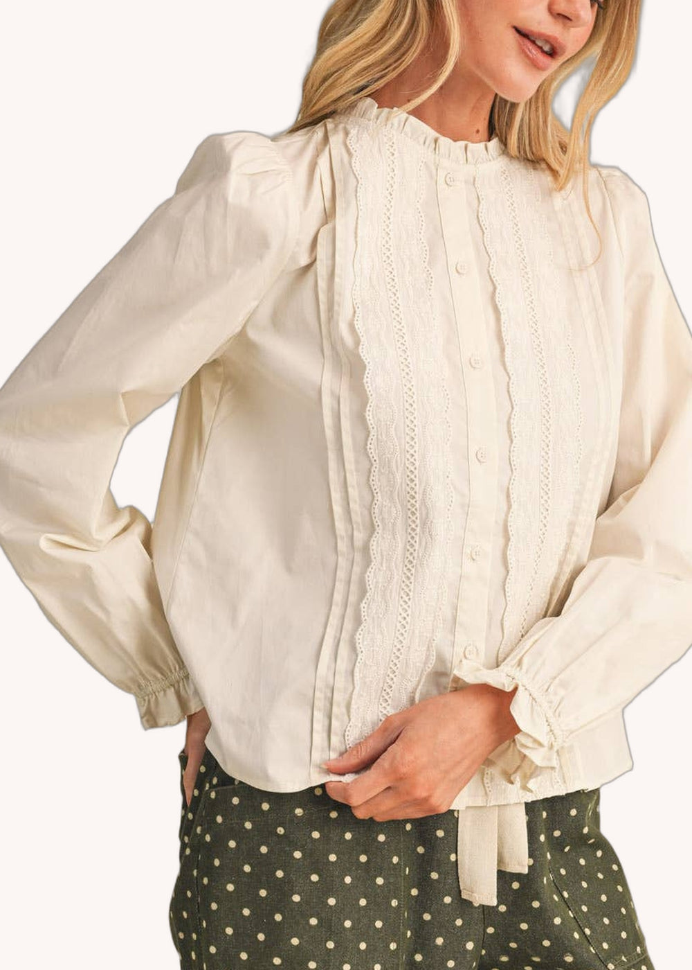 Pin Tuck Lace Trim Button Down Top in Off White