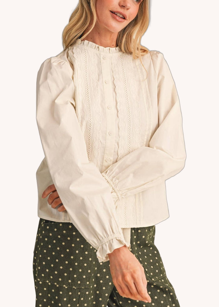 Pin Tuck Lace Trim Button Down Top in Off White