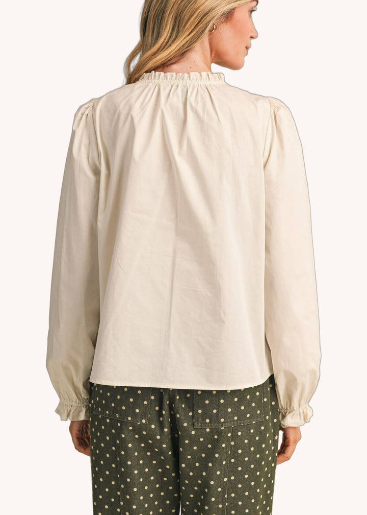 Pin Tuck Lace Trim Button Down Top in Off White