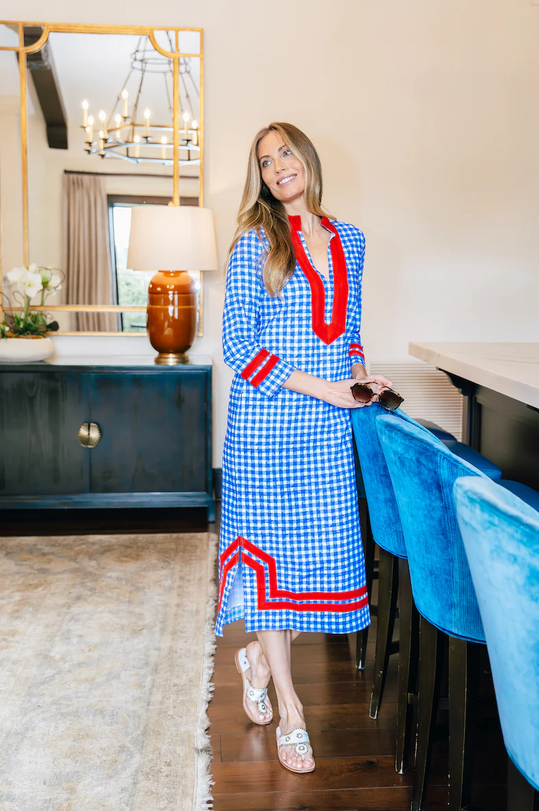 Long Sleeve Classic Maxi Tunic in Blue Gingham