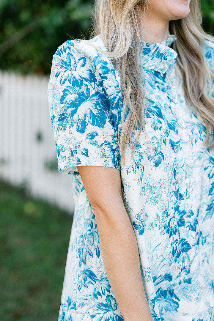 Edith Peplum Mini Dress in Teal Floral Toile