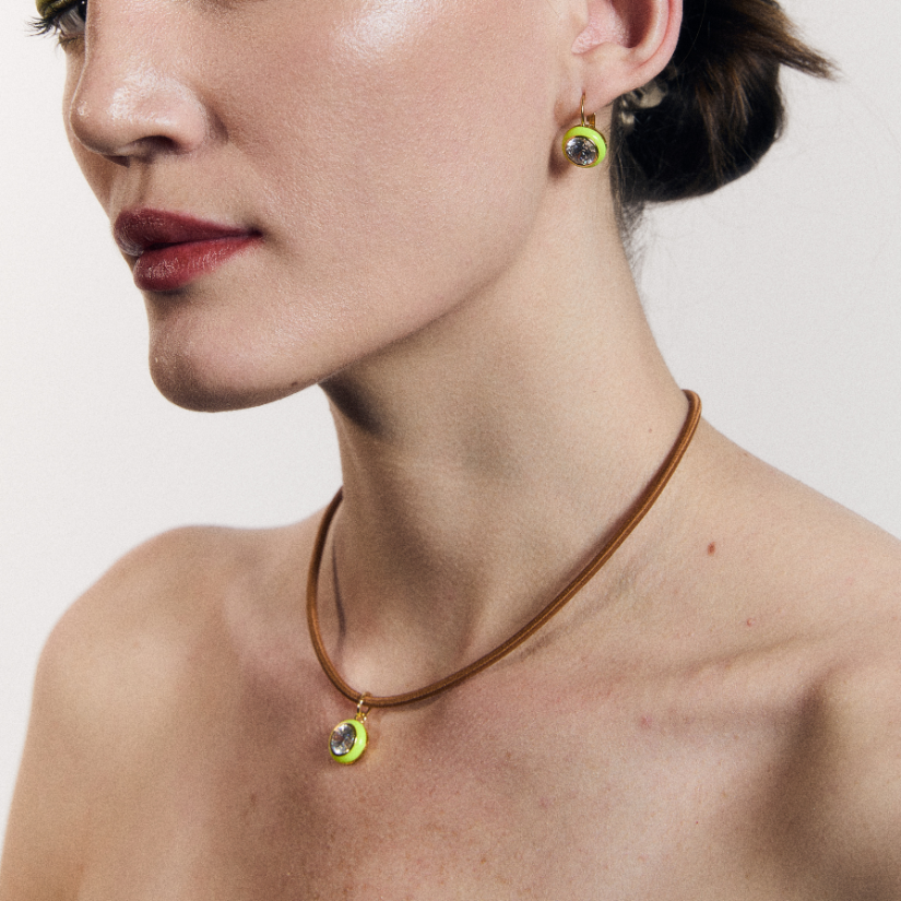Chartreuse Enamel Bezel Charm with Clasp Cord Necklace