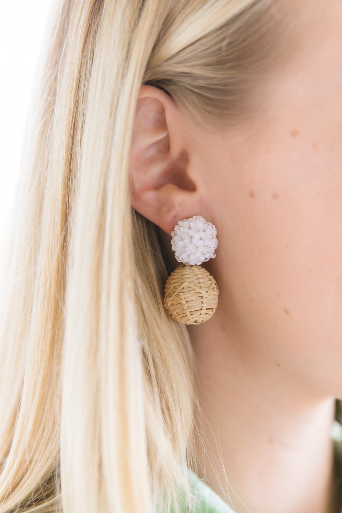 Liz White Rattan Ball Earrings