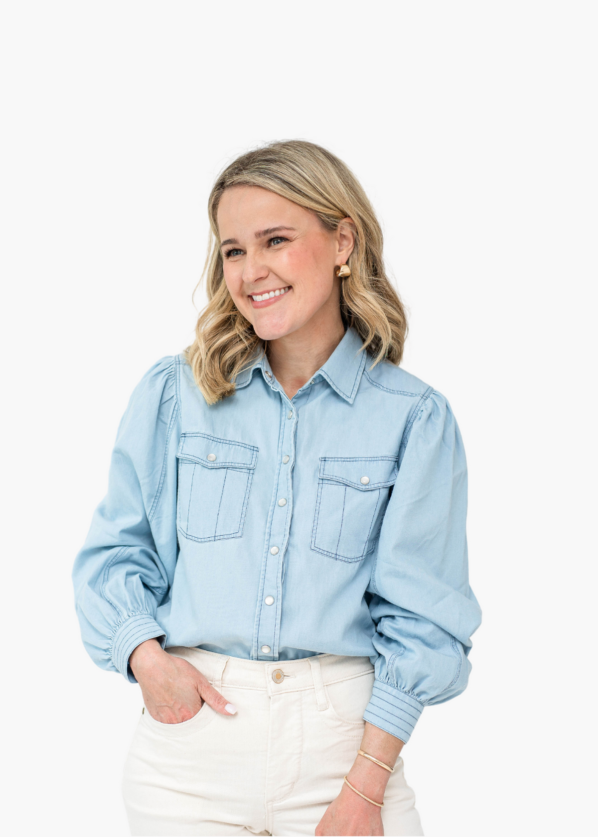 Cooper Chambray Puff Sleeve Button-Up