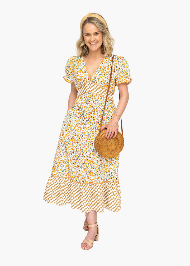 Garden Floral Puff Sleeve Midi Dress