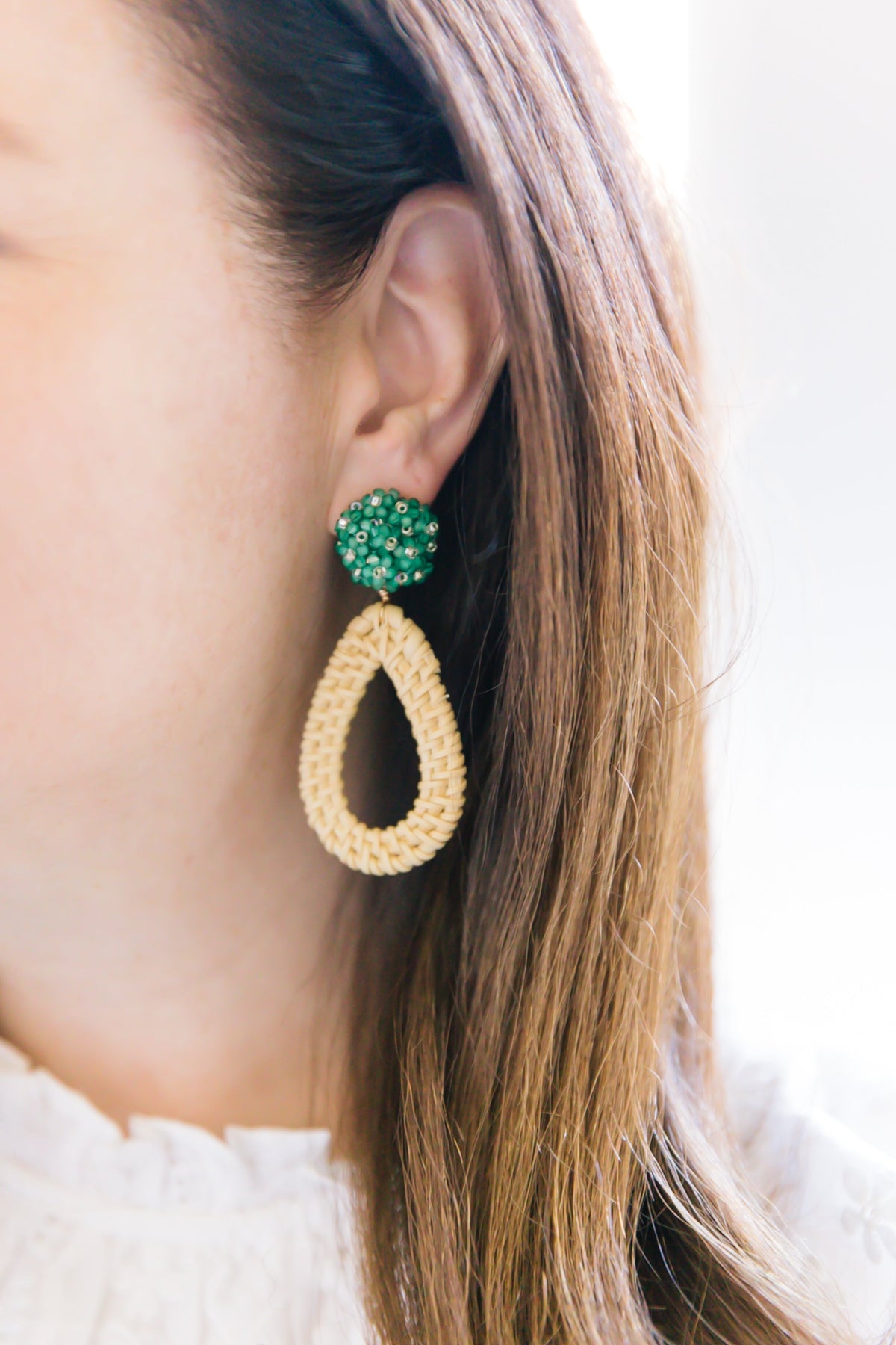 Ava Green Rattan Teardrop Earrings