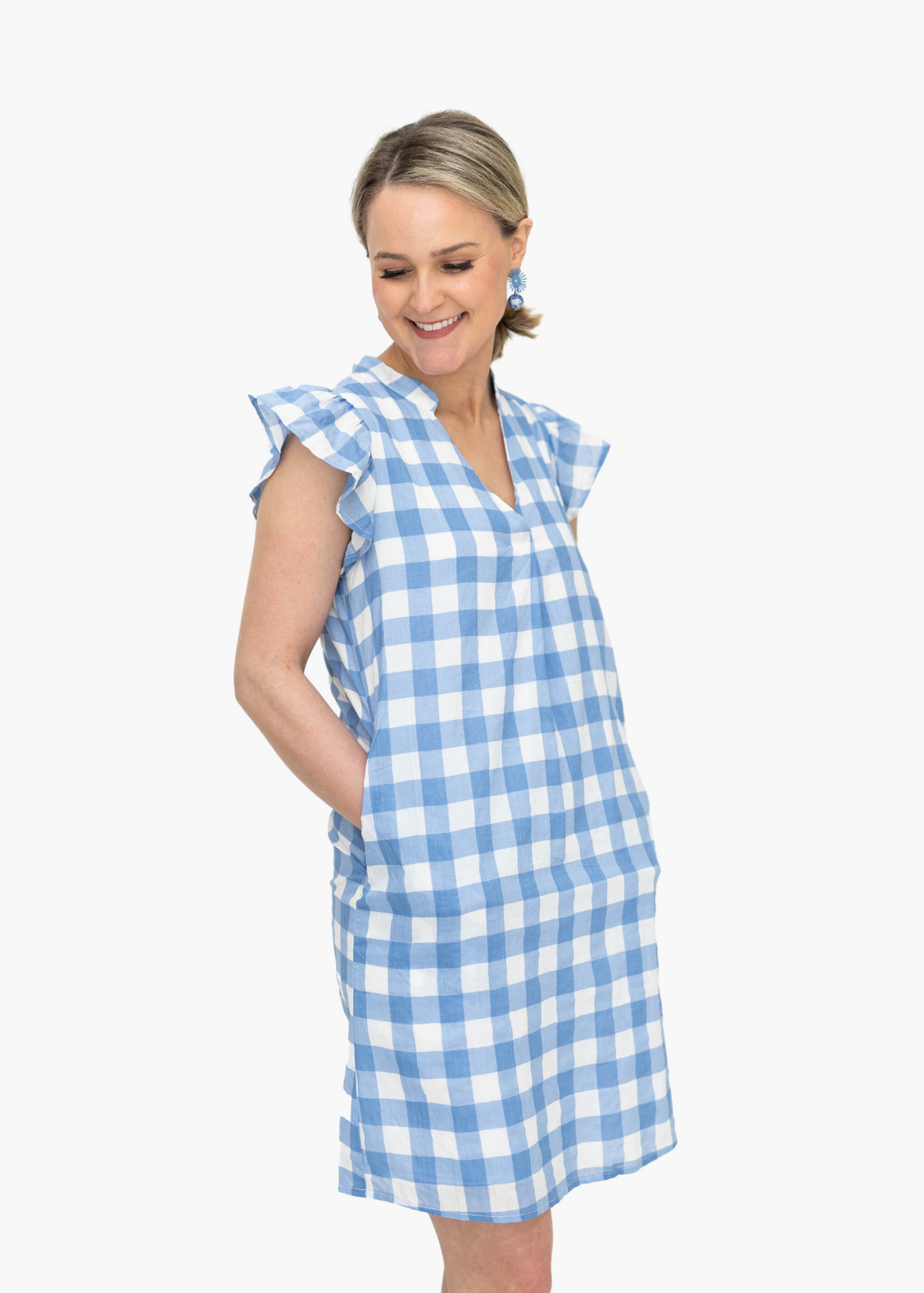 June Gingham Flutter-Sleeve Dress