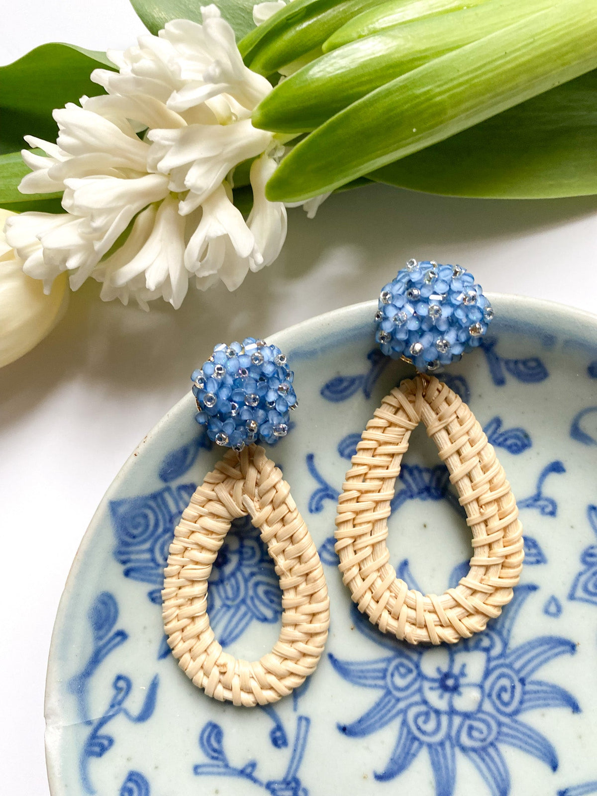 Ava Blue Rattan Teardrop Earrings